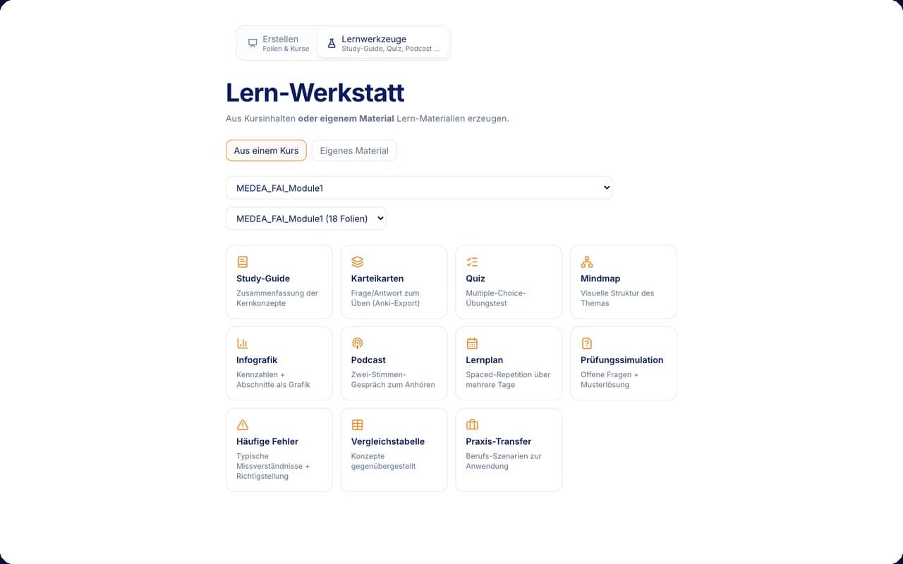 Lern-Werkstatt mit elf Lernhilfen aus einem Kurs
