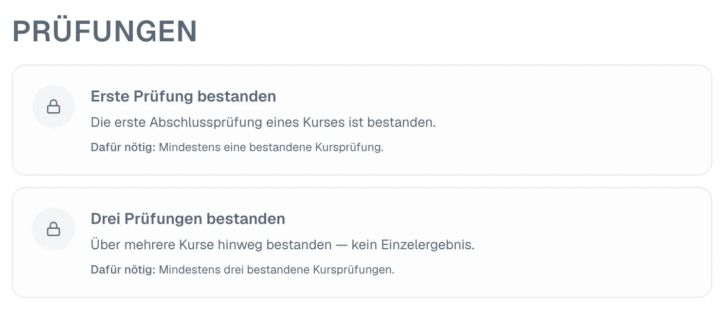 „Meine Badges“: erreichte Abzeichen mit „Beleg:“ und Datum, offene mit „Dafür nötig:“.