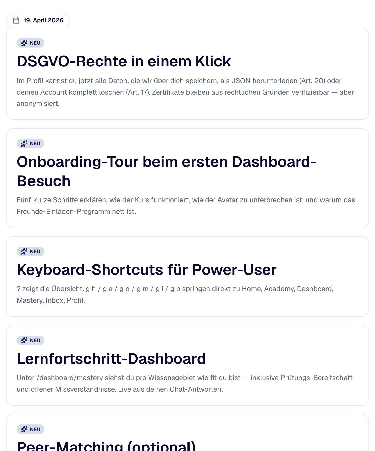 A day in the change log with entries by type: New, Improved, Fix, Security.