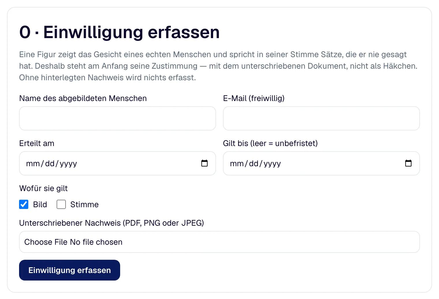 „Einwilligung erfassen“: Person, Datum, Geltungsdauer, Zweck und der unterschriebene Nachweis.