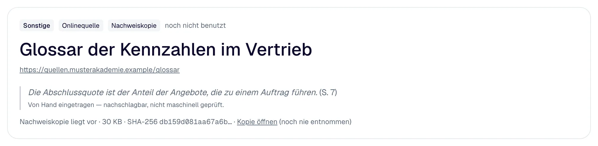 A source of the source library: type, identifier, level, usage and the evidence copy.