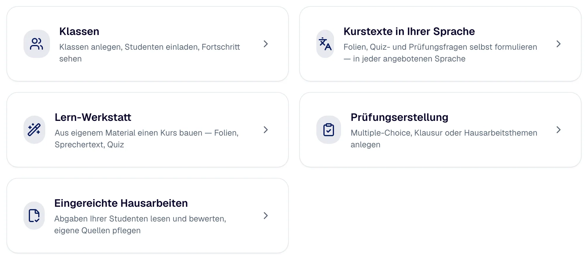 Die Kacheln der Startseite: Klassen, Kurstexte in Ihrer Sprache, Lern-Werkstatt, Prüfungserstellung und eingereichte Hausarbeiten.