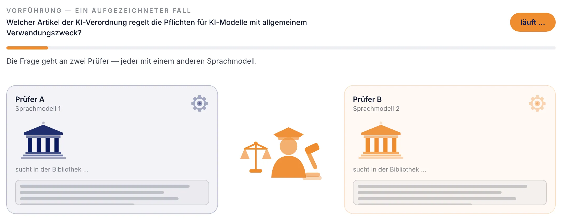 Ein aufgezeichneter Fall: zwei Prüfer mit ihren Quellen, darunter das Urteil, welche Aussage gilt und warum.