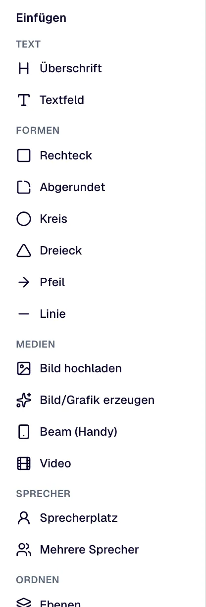 „Einfügen“: Überschrift, Textfeld, Formen, Bild, Grafik, Beam vom Handy, Video, Sprecherplatz, Ebenen und Kamerafahrt.