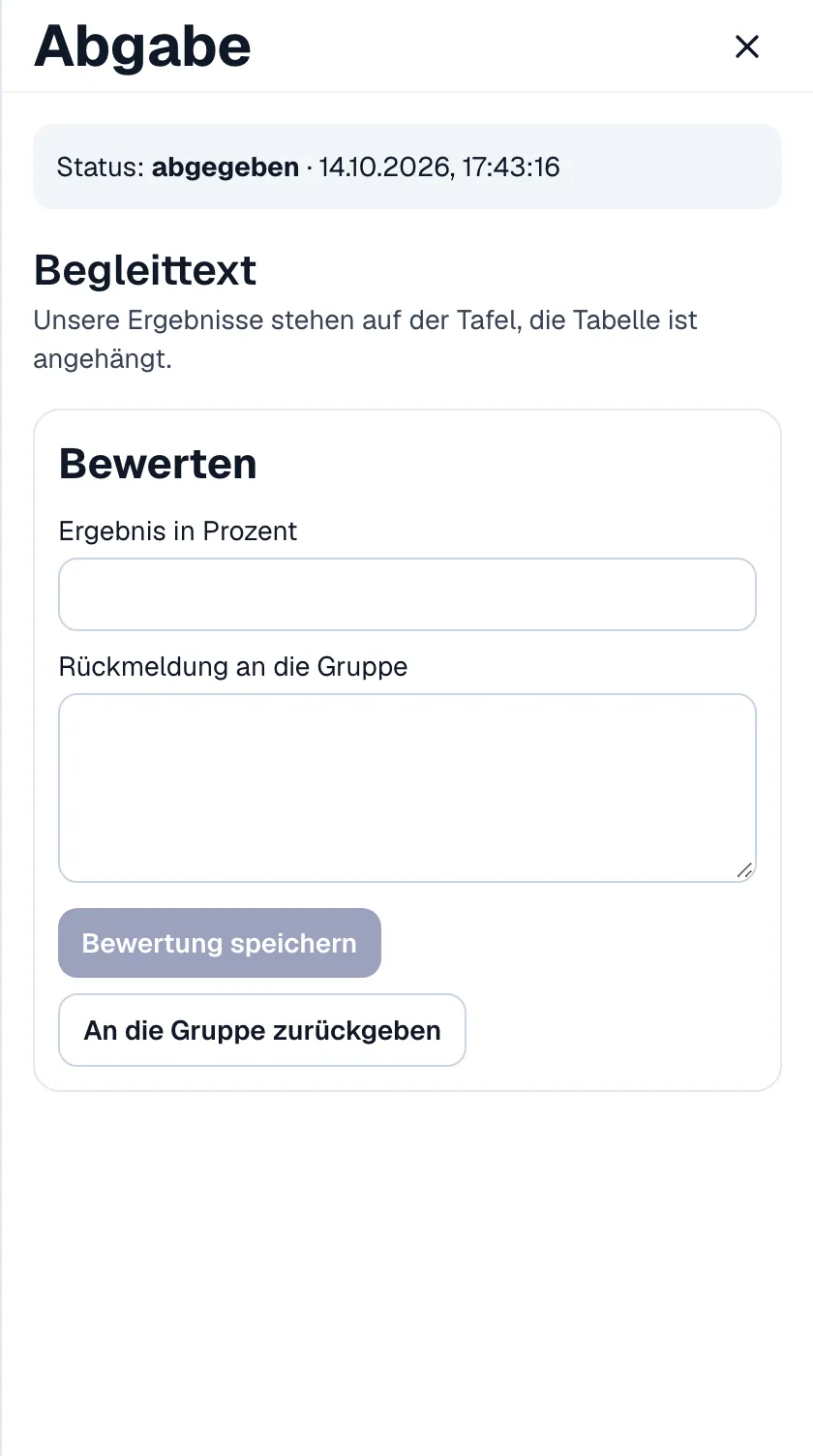 Die Seitenleiste „Abgabe“ auf der Arbeitsfläche: Stand, Begleittext und „Als Gruppenergebnis abgeben“.