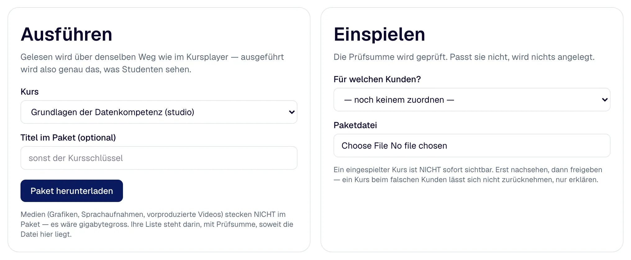 “Export” and “Import”: choose a course and download the package, choose a customer and import the package.
