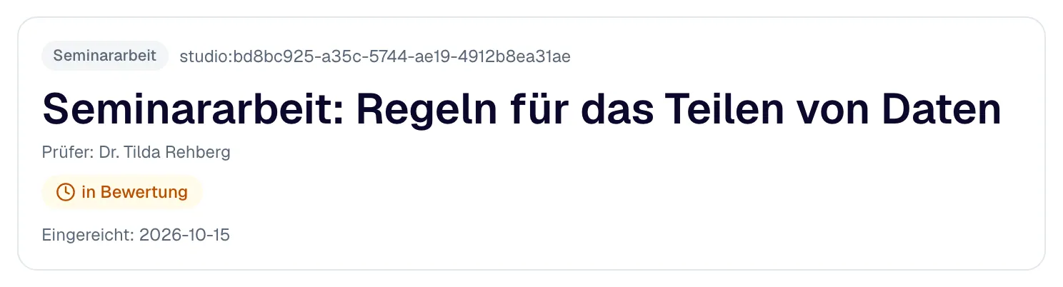 Eine bewertete Leistung: Art, Kurs, Titel, Prüfer, Note, ECTS und das Gutachten mit Datum.