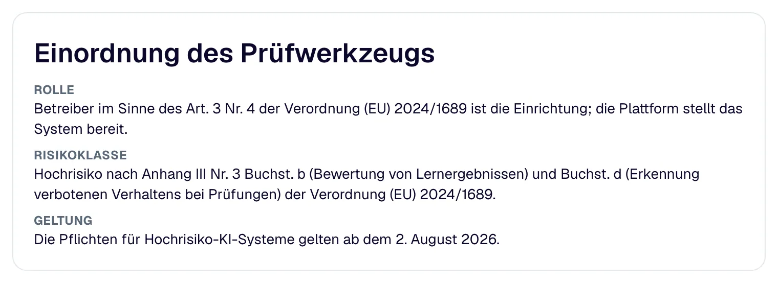 Die Einordnung des Prüfwerkzeugs: Rolle, Risikoklasse nach KI-Verordnung und Geltung.