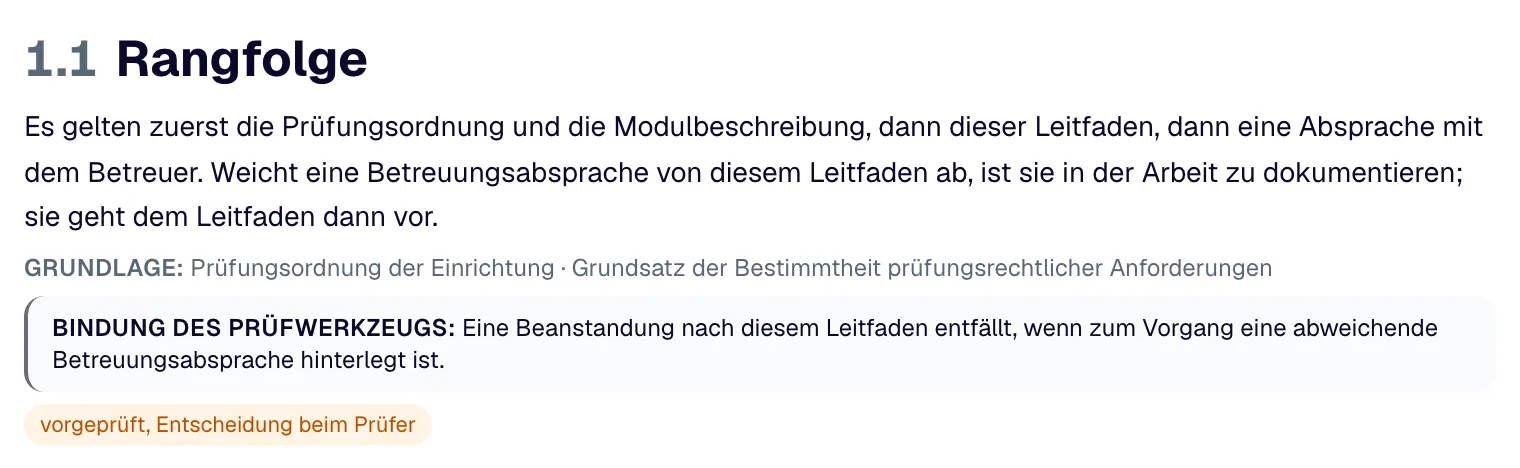 Eine nummerierte Regel mit Wortlaut und der Angabe, ob sie maschinell prüfbar ist, vorgeprüft wird oder nur durch den Prüfer entschieden wird.
