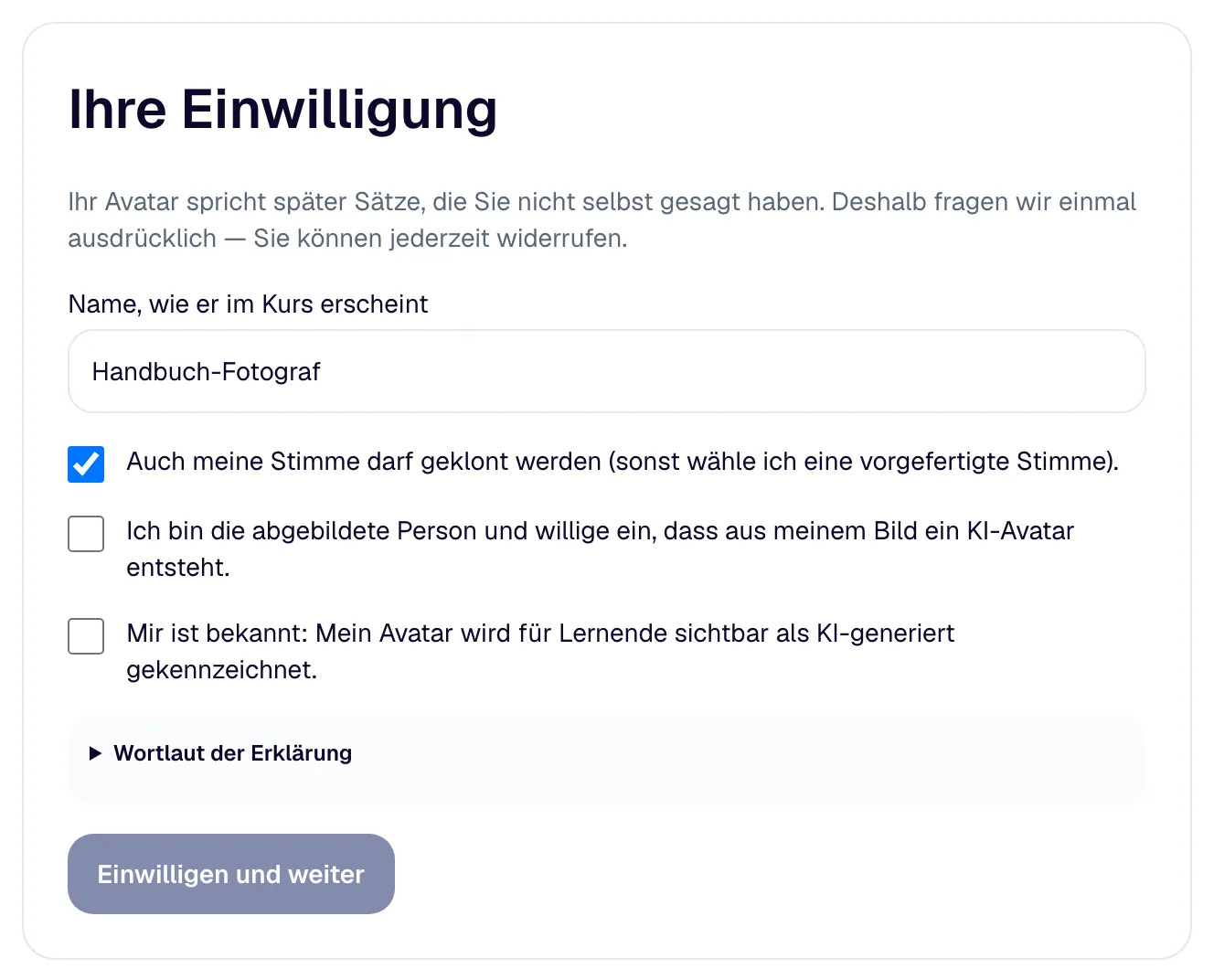 „Ihre Einwilligung“: Name im Kurs, die beiden Bestätigungen und die Wahl, ob auch die Stimme geklont werden darf.