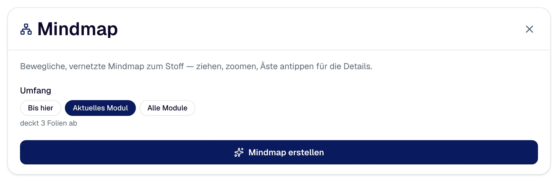 The “Mind map” window with the choice of scope and the button “Create mind map”.