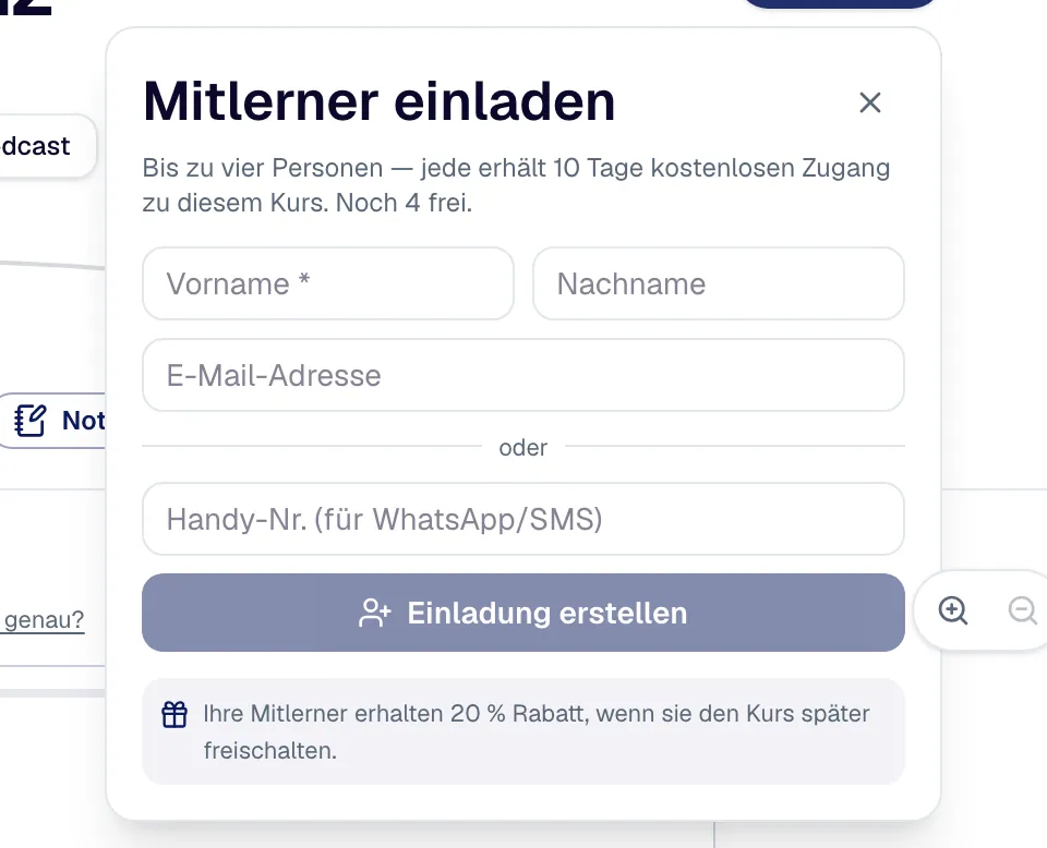 “Invite co-learners”: free places, first name, last name, email or mobile number and “Create invitation”.
