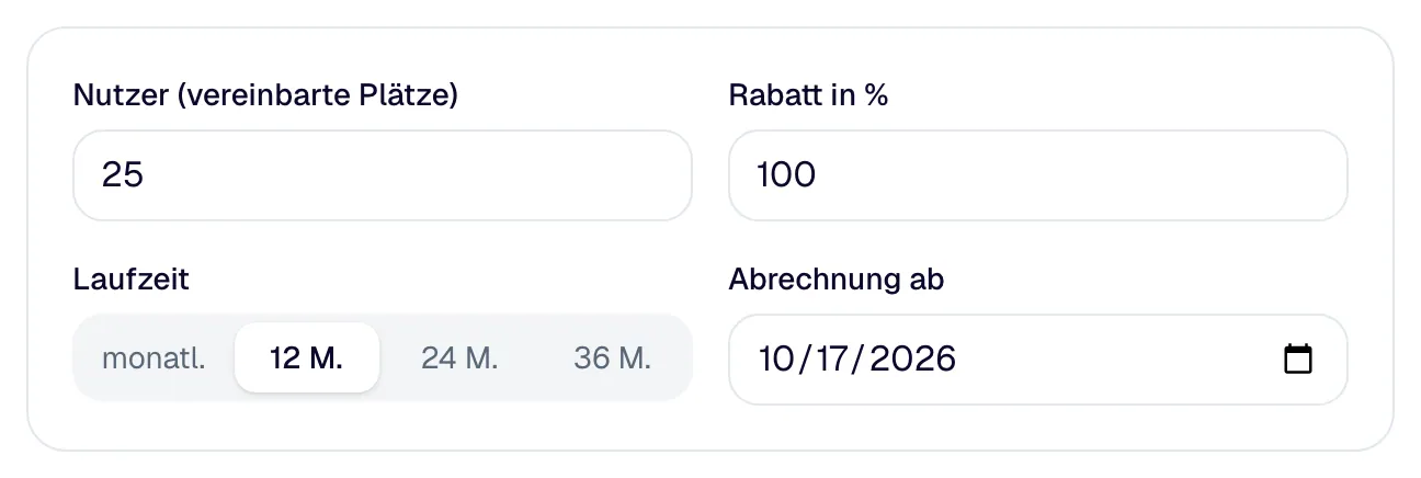 „Vertrag“: vereinbarte Plätze, Rabatt, Laufzeit und Beginn der Abrechnung.