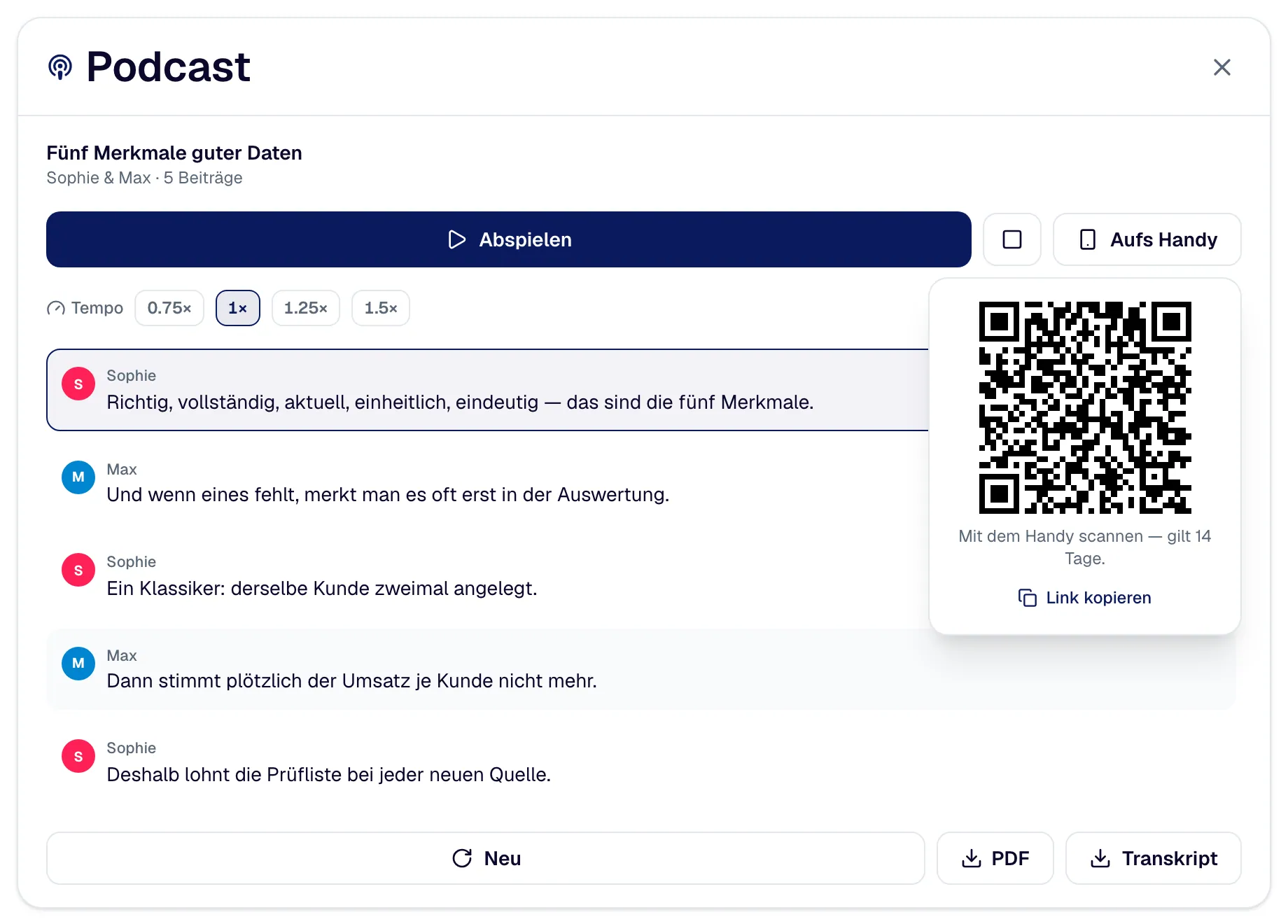 The same player with “To your phone” open: the QR code to scan and “Copy link”.