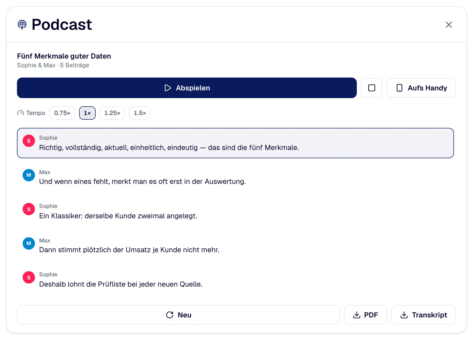 The podcast player in the course: title, speakers “Sophie & Max”, play, speed from 0.75× to 1.5× and the dialogue lines to read along.