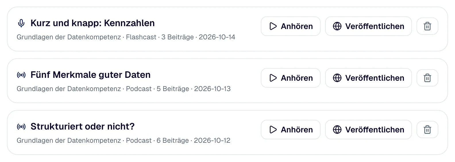 „Meine Podcasts“: die eigenen Aufnahmen mit Art, Zahl der Beiträge, Datum, Anhören und Veröffentlichen.