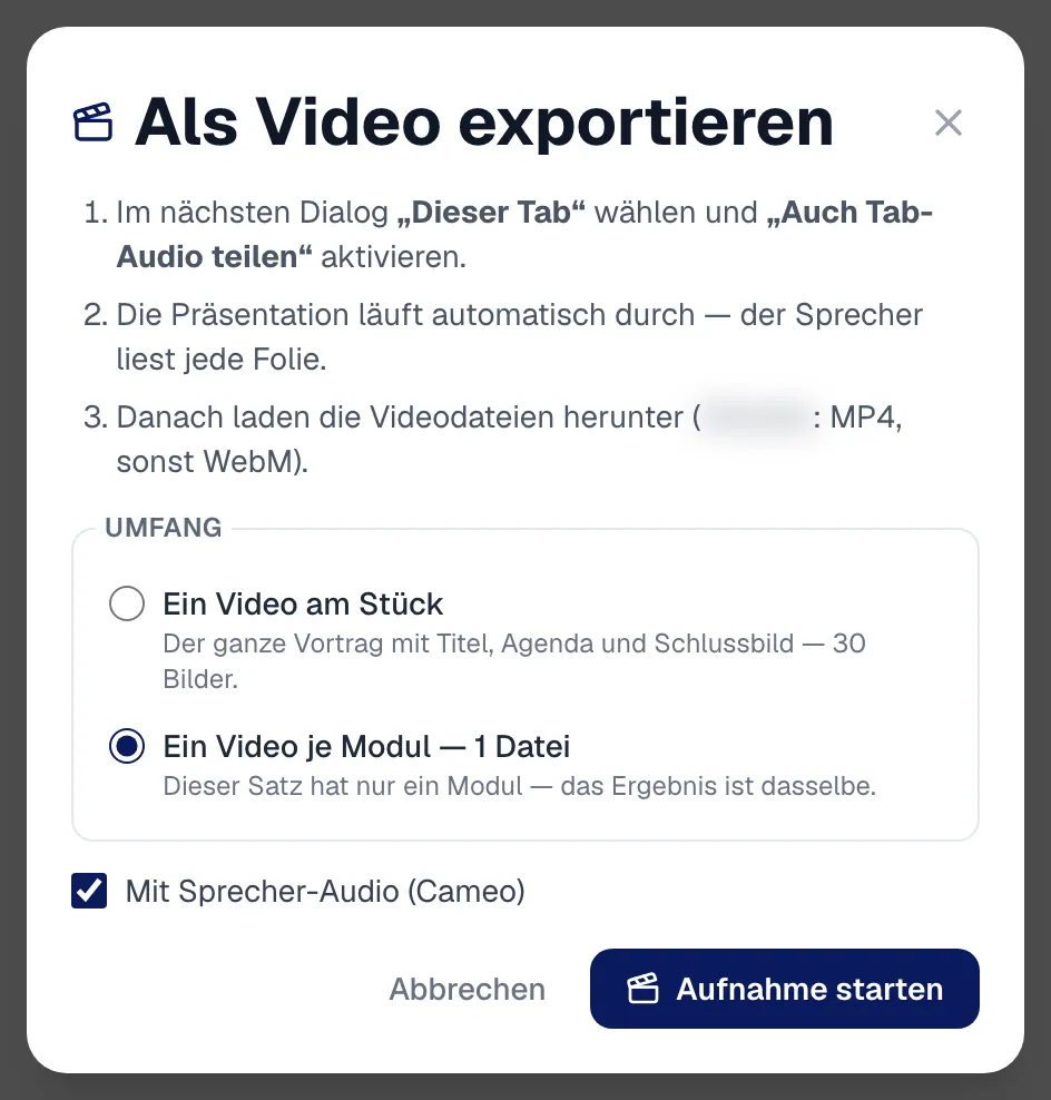 „Als Video exportieren“: die drei Schritte der Aufnahme, Umfang (am Stück oder je Modul) und Sprecher-Ton.