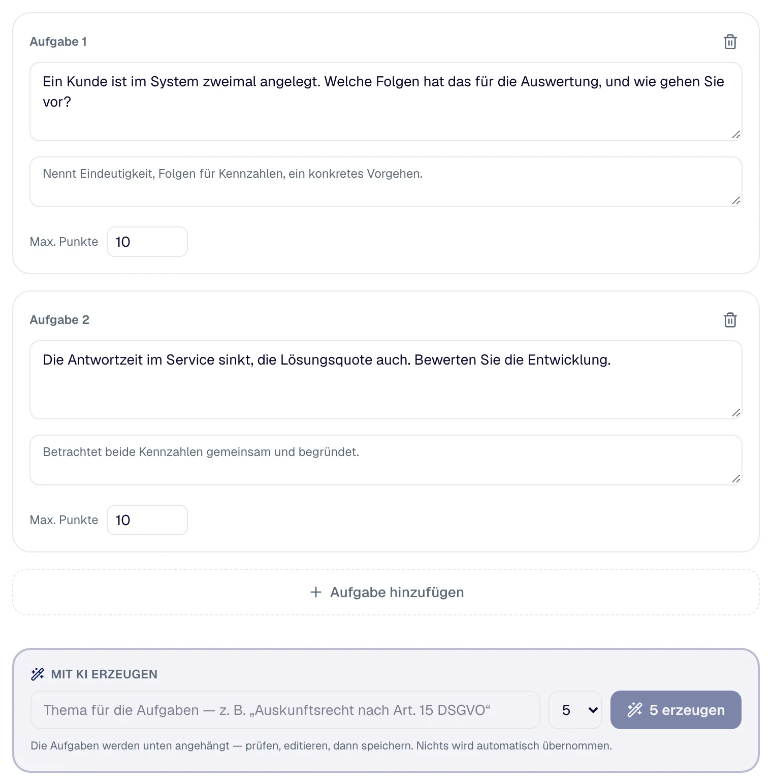 Der Editor einer Prüfung: Auswahl- und Freitextfragen mit Antworten, richtiger Lösung und Bewertungsraster.