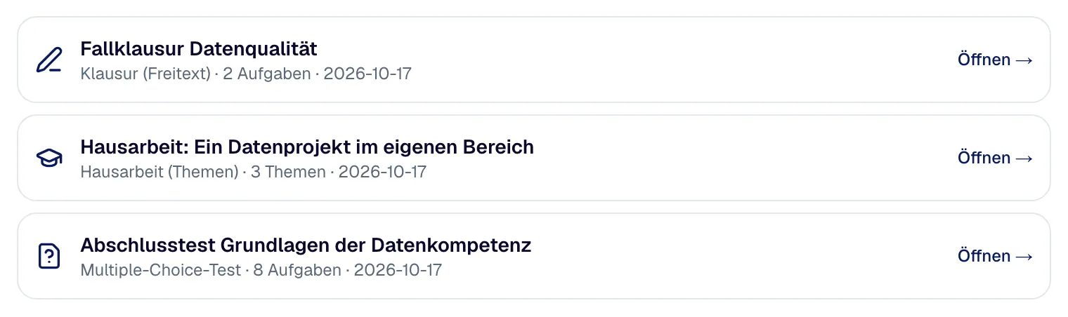 „Prüfungserstellung“: die angelegten Prüfungen mit Art, Kurs, Zahl der Fragen und Stand der Freigabe.