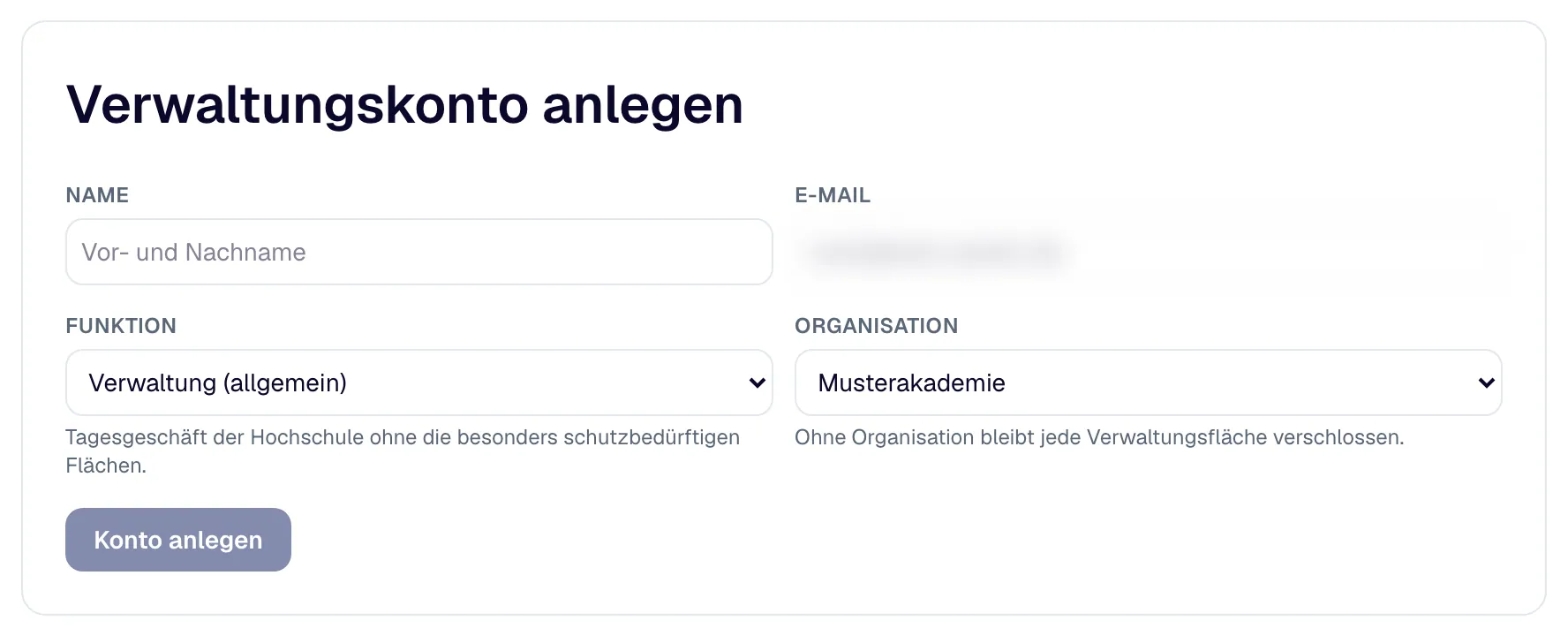 “Create administration account”: name, email, function with description and organisation.