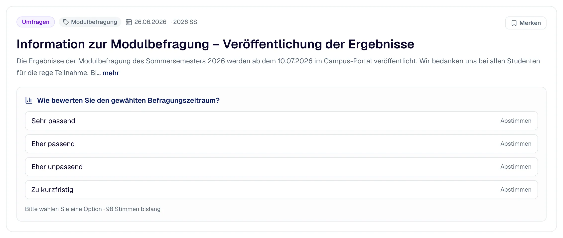 Eine Meldung mit Datum, Kategorie, Newstyp, Text und „Merken“.