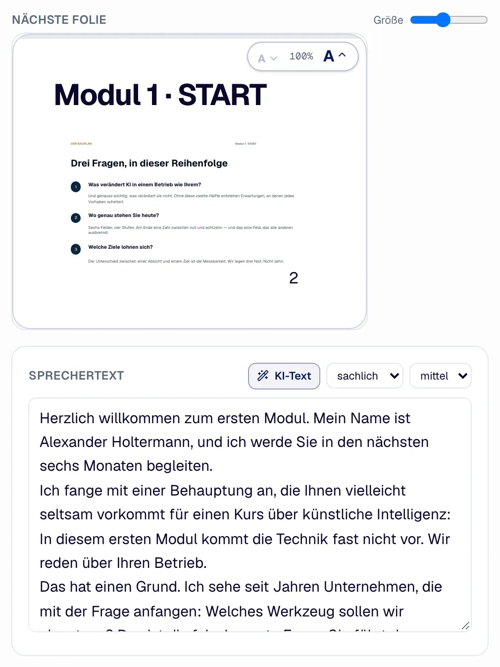 Rechts die nächste Folie und der Sprechertext zum Ändern, mit „KI-Text“, Tonfall und Länge.