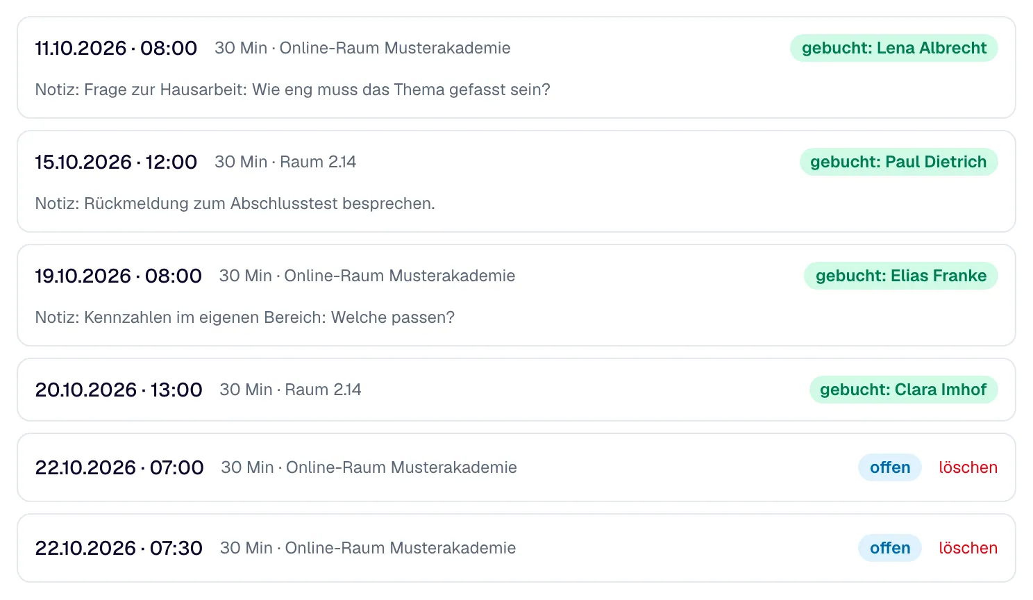 Die freigegebenen Termine eines Dozenten — offen oder mit Name und Notiz der buchenden Person.