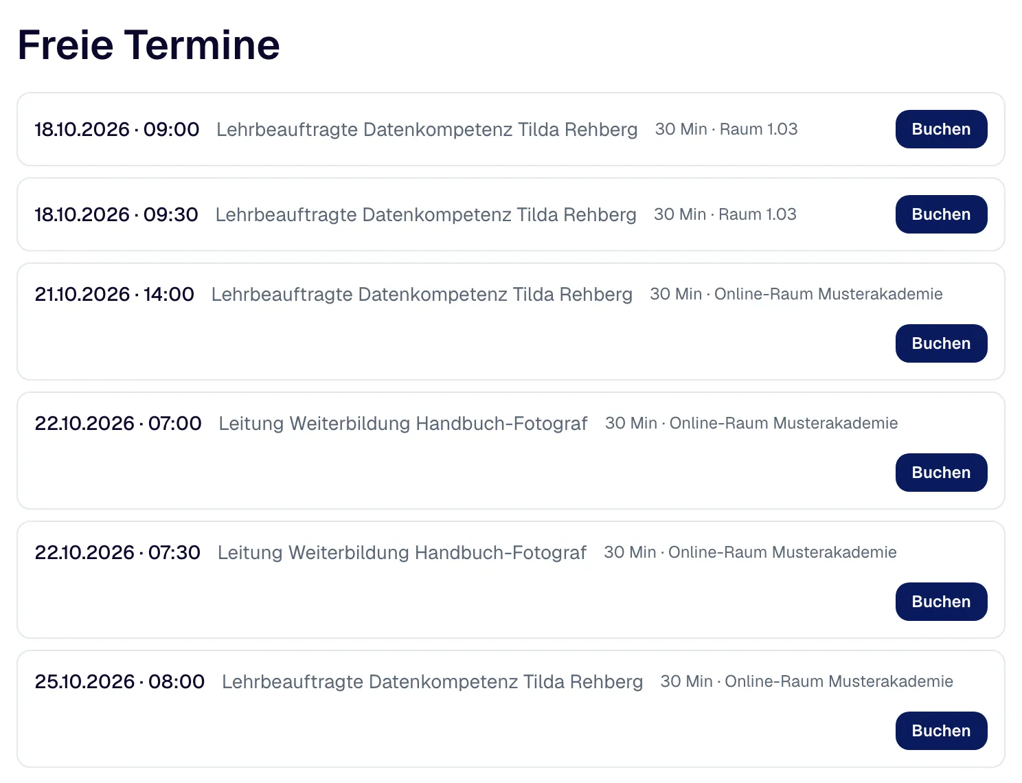 „Freie Termine“ aus Sicht der Studenten: Dozent, Zeit, Dauer, Ort und „Buchen“.