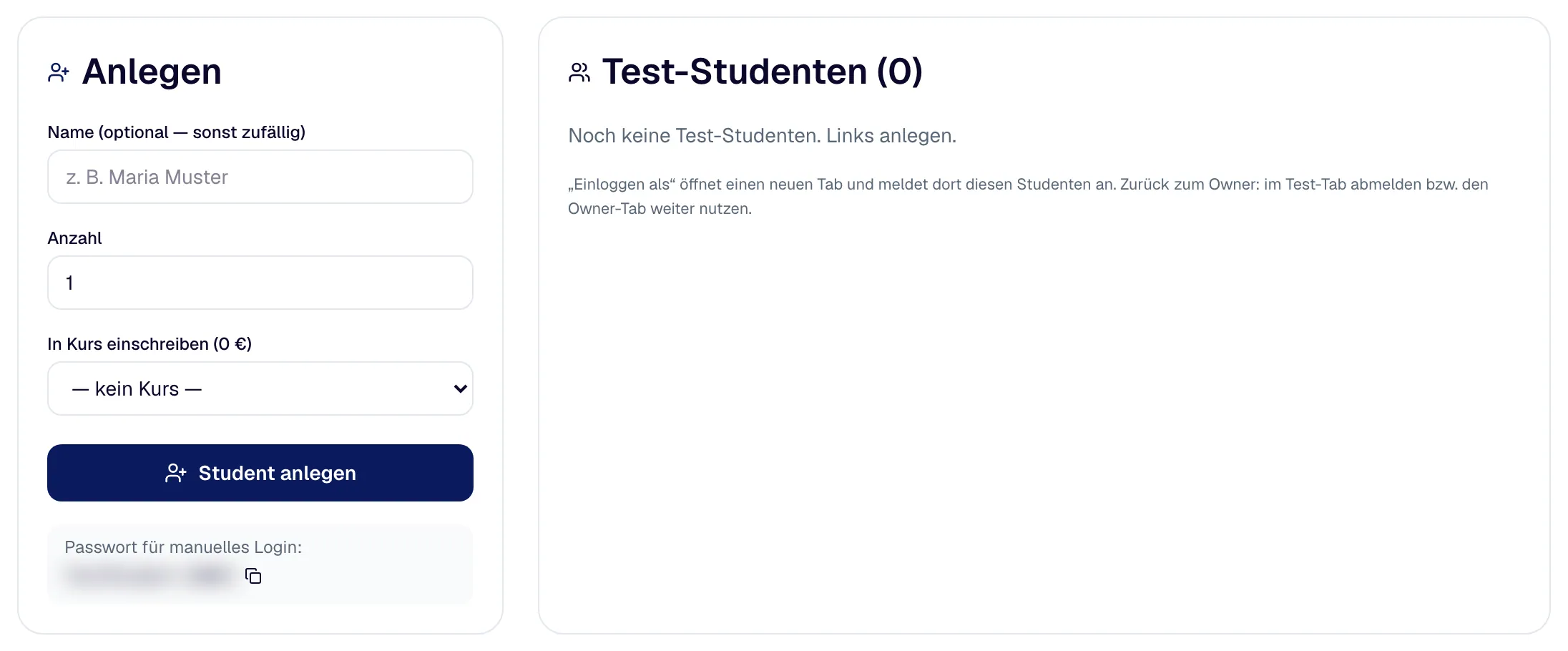 Test students: on the left “Create” with name, number and course, on the right the list with “Sign in as”.