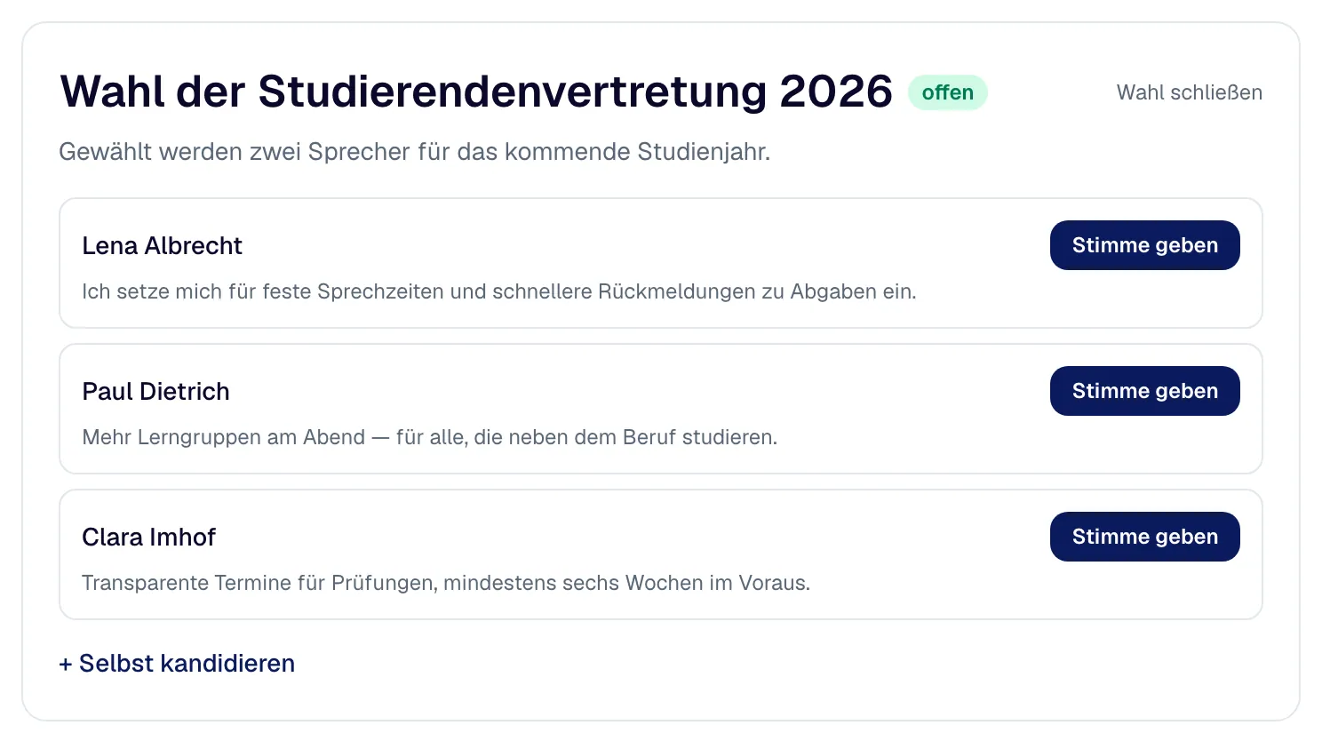 An open election with candidates, their statements and “Cast vote”.