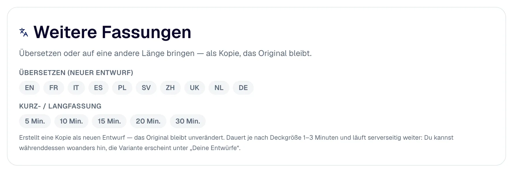 „Fassungen“: Übersetzung, Kurz- oder Langfassung als eigene Variante.